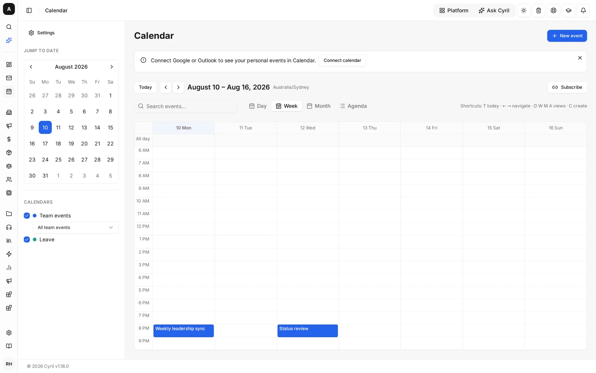 The Cyril calendar in week view, showing team events and leave alongside the rest of the platform.