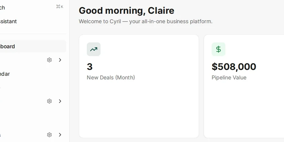 The Cyril dashboard, showing new deals, pipeline value, open tickets and tasks due this week.