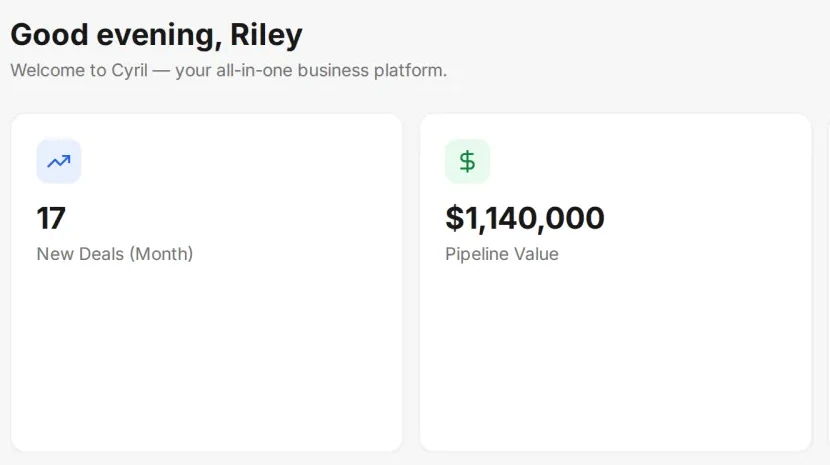The Cyril dashboard, showing new deals, pipeline value, open tickets and tasks due this week for Atlas Engineering Group.