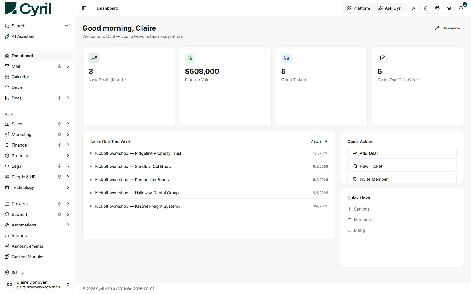 The Cyril dashboard, showing Mail, Drive, Docs and Calendar alongside Sales, Marketing and Finance.