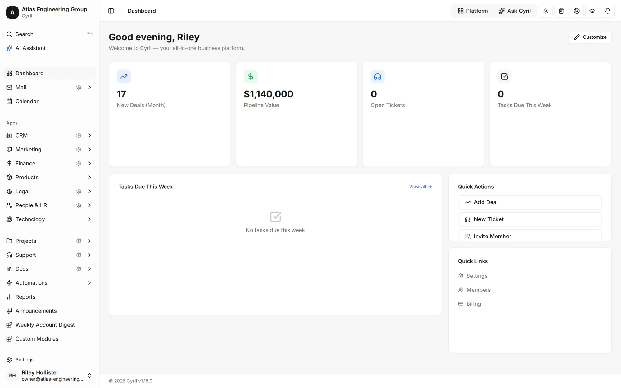 The Cyril dashboard for Atlas Engineering Group, showing Mail, Drive, Docs and Calendar alongside Sales, Marketing and Finance.